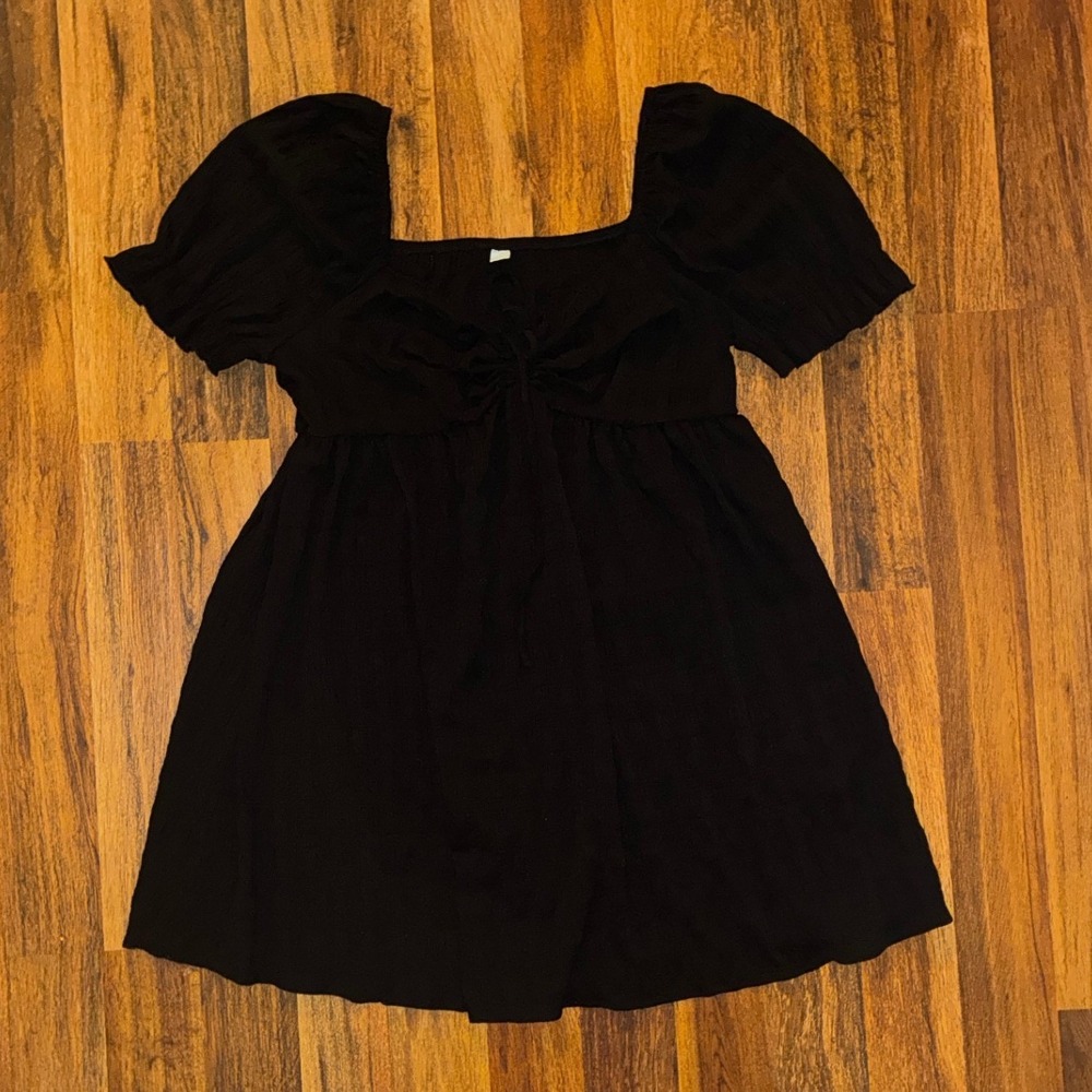 Black Puff Sleeve Babydoll Top Square Neck Tie Front Textured Blouse Plus 2XL